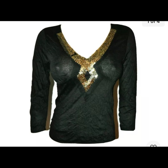 V2K Black Crinkled Gold Sequin Diamond Patch 3/4 Sleeved Cleavage Top Glam 2000 - Picture 3 of 6